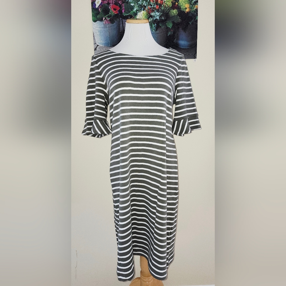 Talbots Striped Olive Green & White Dress w/Short Bell Sleeves NWT